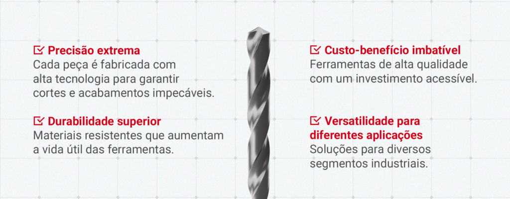 ✅ Precisão extrema – Cada peça é fabricada com alta tecnologia para garantir cortes e acabamentos impecáveis. ✅ Durabilidade superior – Materiais resistentes que aumentam a vida útil das ferramentas. ✅ Custo-benefício imbatível – Ferramentas de alta qualidade com um investimento acessível. ✅ Versatilidade para diferentes aplicações – Soluções para diversos segmentos industriais.